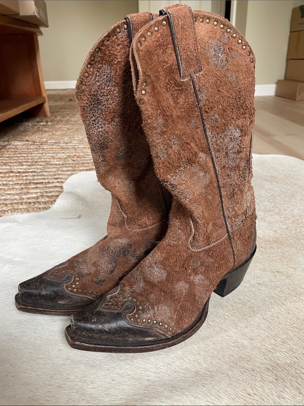 Western Brown Suede Studded Western Heeled Boots